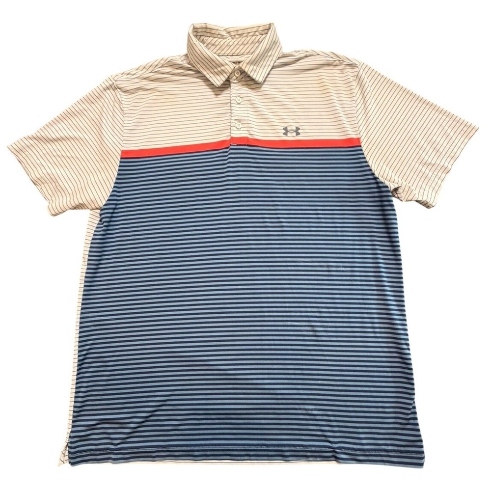 Under Armour Golf Polo Shirt‎ XL Blue White Stripe HeatGear Loose Fit